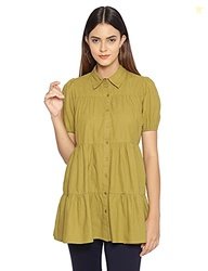oxolloxo Women Regular Fit Cotton Regular Sleeves Solid Casual Khaki T