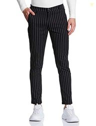 The Indian Garage Co Men Slim Fit Vertical Striped Mid-Rise Chinos Bla
