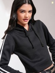 Tokyo Talkies Women Black & White Solid Hooded Sweatshirt