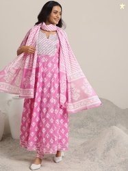 Libas Womens Pink Printed Cotton Anarkali Kurta With Churidar & Dupatt