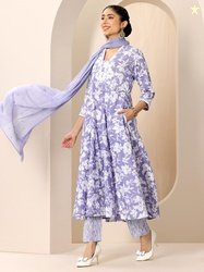 Libas Womens Lavender Printed Cotton Anarkali Kurta With Palazzos & Du