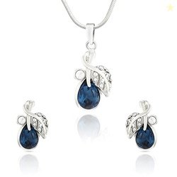 Mahi Blue Leaf Rhodium Plated Floral Pendant Set for Women NL1104107RB