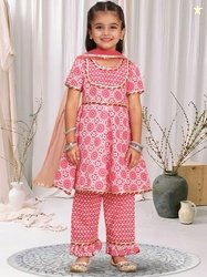 Cutiekins Girls Printed Round Neck Gotta Patti A-Line Kurta With Trous