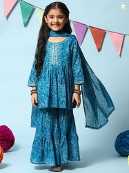 Biba Girls Floral Printed A-Line Pleated Pure Cotton Kurta With Sharar