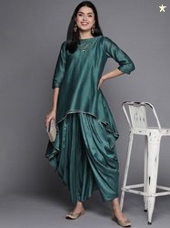 Biba Women Teal Green Yoke Design Sequinned High-Low Kurta with Patial