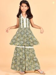 misbis Girls Ethnic Motifs Printed V-Neck Pleated A-Line Kurta with Sh