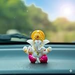 Marble Small Ganesha Idol for Car Dashboard | 2.2 x 2.2 Inches | Ganpati Murti with Golden Mukut | Decorative Mini Ganesh Statue for Home, Office & Gift | (Pink)