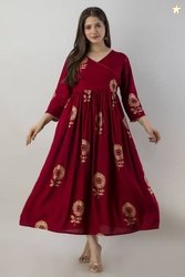HANDISH Women Printed Viscose Rayon Flared Kurta(Maroon)