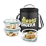 Treo by Milton All Fresh Glass Tiffin Containers with Insulated Bag (Always Bhukha), 3 Containers, 400 ml Each, Microwave Safe, Ovensafe, Stackable, Leak Proof, Office, Black