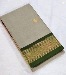 KanjiQueen Woven Kanjivaram Pure Silk, Cotton Blend Saree(Beige, Dark