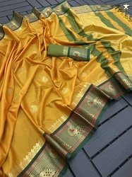 VEERAIVA Embroidered Paithani Cotton Silk Saree(Gold)