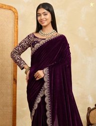 hutah Embroidered Banarasi Velvet, Cotton Blend Saree(Purple)