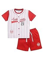 LITTLE NINJA Pure Cotton Knee Length Half Sleeve Stripped Themed Tee & Shorts Set – Red 0-6M