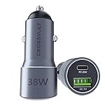 CROSSVOLT 38W Fast Car Charger Adapter with Dual Output. Quick Charge, Type C PD 20W & Qualcomm 3.0 Compatible for iPhone, All Smartphones, Tablets & More(Silver)