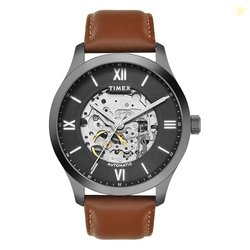 TIMEX Automatic Watch for Man with Grey Round Dial & Brown Leather Str