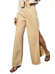 Beige Side Slit Wide Leg Jeans