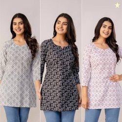 SS1Creation Pack of 3 Women Printed Pure Cotton Straight Kurta(Grey, B