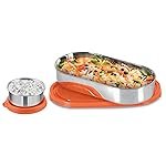 MILTON Steel Refresh Tiffin 650 Oval Container with Lid 675ml with Round Tiffin Box Steel 90ml, Lunch Box for Women, Lunch Box for Office Use, Tiffin Box for School, Orange