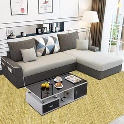 FURNY Mython 4 Seater Fabric RHS L Shape Sofa Set (Light Grey-Dark Gre