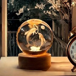 BTfash 3D Dolphin Crystal Ball Night Lamp | Table LED Light with Woode