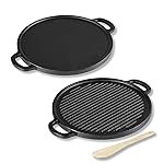 Lifelong 2 in 1 Cast Iron Grill Tawa Pan with Wooden Spatula | 30 cm Reversible Cookware | Dual Surface for Roti, Dosa, Grill, Fish & More |Gas & Induction Compatible | Non Stick Coating (LLCIT006GR)