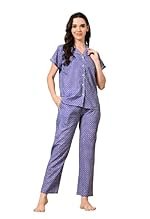 Ichaa Women’s Cotton Purple Dotted Printed Shirt Top and Pyjama Night Wear Night Suit or Lounge Wear Set