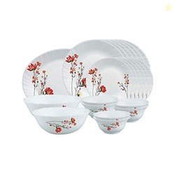 Larah by Borosil Chrys Red Opalware Dinner Set, 21 Pieces, White