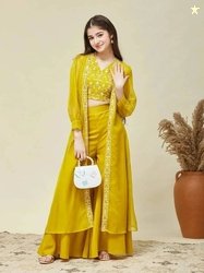 Curly Tales Girls Festive & Party Ethnic Jacket, Blouse and Palazzo Se