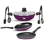 Milton Pro Cook Kitchen Jewel Set of 7 Non Stick Cookware | Induction and Gas Stove Friendly I Cooking Pan, Kadhai with Lid, Tawa I Dark Purple