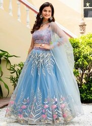 Cute Fellow Embroidered Semi Stitched Lehenga Choli(Light Blue)