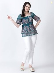 HouseOfCommon Party Balloon Sleeve Printed Women Green Top