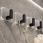 ONISWELL Self Adhesive Wall Hook for Bathroom and Kitchen, Transparent Square Base with Metal Hook, No Drill Wall Mounted Hanging Hook (Stylish, 4) (Black)