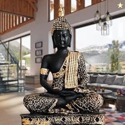eCraftIndia Black Golden Resin Handcrafted Meditating Lord Buddha Idol