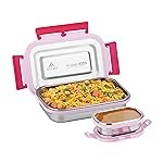 ATTRO Freshmate Medium Stainless Steel Lunch Box with 1 Small Container Airtight Spill-Proof BPA Free Food Grade Ideal for Office, School, Picnic- Pink- 800ml+170ml