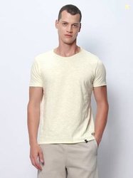 BEWAKOOF Men Solid Round Neck Pure Cotton Beige T-Shirt