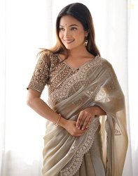 Satrani Embellished, Embroidered Bollywood Organza Saree(Beige)
