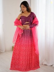 Fashionuma Women Red Embellished Ready to Wear Lehenga & Unstitched Bl