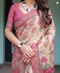 ALMAARI FASHION Floral Print Handloom Cotton Linen Saree(Gold)