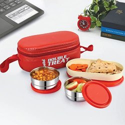 CELLO Double Treat Stainless Steel Lunch Box with Bag, Red | 2 x 300 m