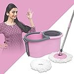 ELINOR Delight Spin Mop Bucket Set Comes with 2 Microfiber Refills, 360 Degree Rotating Mop with Extendable Rods and Handle Lock, Pink