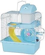 Amazon Basics Hamster, Gerbil, Guinea Pig Cage and Playhouse | Blue | Spacious Plastic Cage for Small Pets | 2 Level | Double Story with Slide, Exercise Wheel and Feeding Bottle | LxWxH-27x 17x 31 Cm