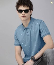 Roadster Men Printed Polo Neck Pure Cotton Blue T-Shirt