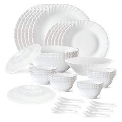 Larah by Borosil Plain White Silk Series Opalware Dinner Set | 35 Piec