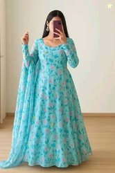 SHIVALAY FASHION Printed Georgette Stitched Anarkali Gown(Light Blue)
