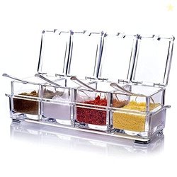 MOKSHAYLO Spice Box with 4 Square Containers and Spoons | Transparent