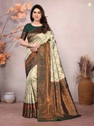 Kalapushpi Woven Kanjivaram Pure Silk, Art Silk Saree(Beige, Green)