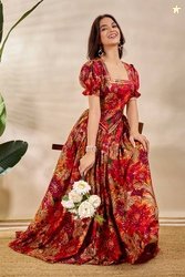 GoldQuine Printed Cotton Linen Stitched Anarkali Gown(Multicolor)