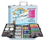 Shuban Deluxe Art Set Box & Drawing Kit with Crayons, Oil Pastels, Colored Pencil Deluxe Gift Art (145Pcs Unicorn-Blue)
