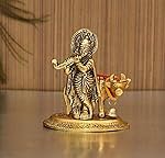 TIED RIBBONS Metal Krishna Idol with Kamdhenu Cow Statue (Small, 9 cm x 7 cm) Decorative Murti Showpiece for Pooja Room Showcase Table Home Decoration Birthday Housewarming Gift Items