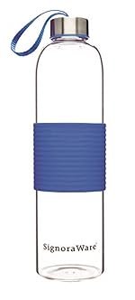 Signoraware Aqua Star Borosilicate Glass Bottle | Airtight & Leakproof | Freezer & Dishwasher Safe | Anti Slip Silicone Sleeve| Ideal for Camping, Office, Travel, Yoga & Kitchen use ( 550ml | Blue )